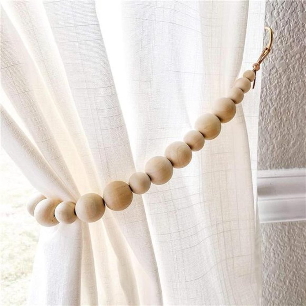 Set of 2 Curtain Tie Backs (Color Beads - Khaki Leather Cord)